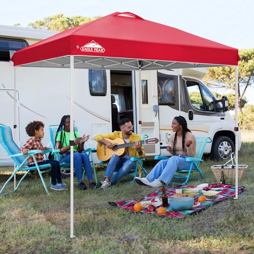 EAGLE PEAK Pop Up Canopy Tent with Wheeled Carry Bag, 8 Stakes, 4 Ropes, Easy Set Up Tent Canopy, 8x8 ft, Red - color: Red, size: 8x8