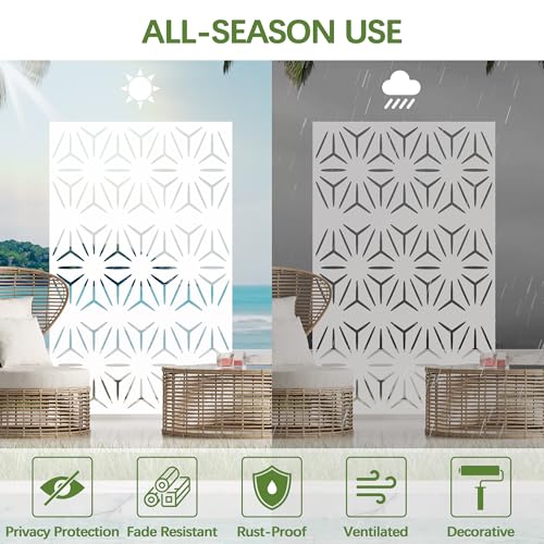 Cofar Metal Privacy Screen Outdoor 72" H×44" W -White Freestanding Outdoor Privacy Panels with Stand, Decorative Fence for Patio, Deck, Balcony（Floral） - style: 3-Panels Floral_White