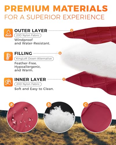 KingCamp Ultralight Camping Blanket, Packable Down Alternative Puffy Wearable Blankets Weatherproof Warm Package Quilt with Snap Buttons for Outdoor Hiking Travel Picnic Stadium (78.7" L x 56.7" W) - color: Puretrail-grid Red, size: 79" x 57"