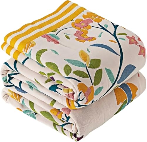 Boho Throw Blanket for Bed 100% Cotton Bohemian Blankets Ultra Soft Woven Muslin Decorative Blankets All Seasons Vintage Quilt Knitted Blanket for Sofa Chair(Yellow, 50"x60") - color: P-1--yellow, size: 50"x60"