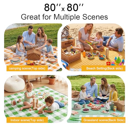 2 in 1 Tote Picnic Blanket Waterproof Outdoor Camping Mat,Large Capacity Beach Blanket 80''x80'' 7 Layers Easy to Foldable and Carry. - color: Yellowcheck