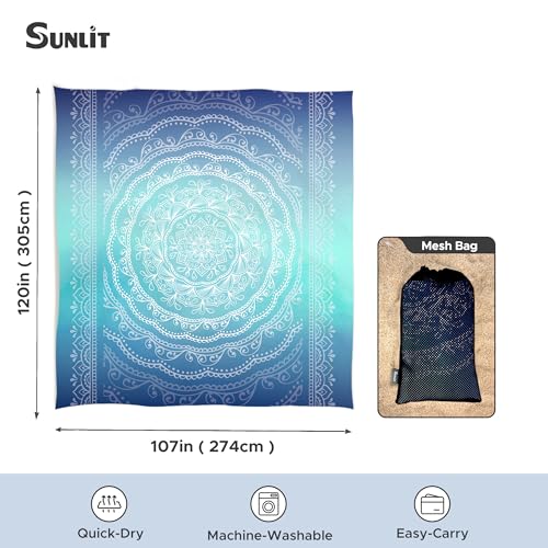 Sunlit Silky Soft Sand Proof Beach Blanket 106"x81" / 85"x72" Sand Proof Mat with Corner Pockets and Mesh Bag for Beach Party, Travel, Camping and Outdoor Music Festival, Mandala - color: Ombre Blue, size: 120"x108"