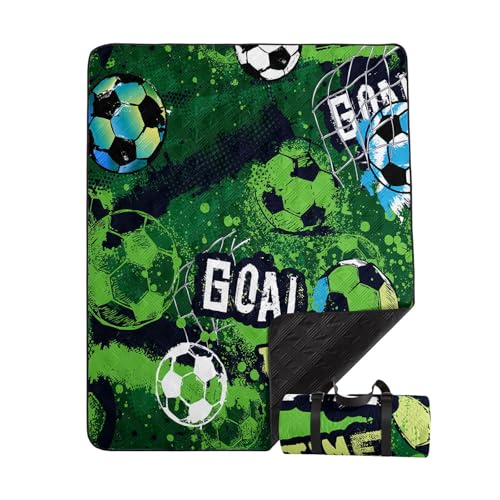 Outdoor Picnic Blanket Portable Ultrasonic Waterproof Picnic Cartoon Soccer Green Printed Camping Beach Mat for Sand and Wet Grass Hiking (Cartoon Soccer L - color: Cartoon Soccer, size: Extra Long - 78"x78"