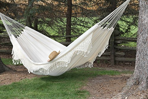 Vivere Double Deluxe Cotton Brazilian Style Hammock with Fringe - 450 lb Weight Capacity