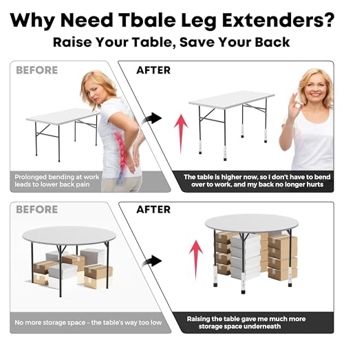 Table Leg Extenders White, Highly Durable Steel Folding Table Leg Risers, Table Leg Extensions Fits Straight & Bent Legs Table Height Extender for Rise Card Table 3.6/5.2 Inch Wobble-Free - size: White- 2-LEVEL Adjustable