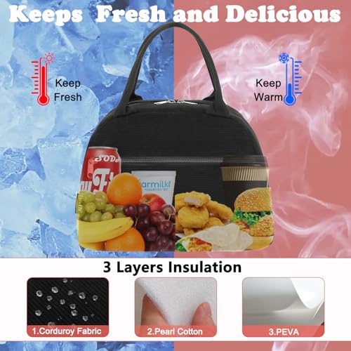 FlowFly Lunch Bag for Women Insulated Lunch Box Corduroy Lunch Tote Cooler for Travel Work Picnic,Corduroy Black - color: Corduroy Black