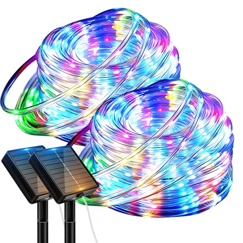btfarm 2 Pack Solar Rope Lights Outdoor, 120LED 46FT Solar String Lights Outside Waterproof, 8 Lighting Modes Tree Tube Fairy Light Solar Powered for Garden Christmas Yard Party Decoration, Multicolor - color: Multicolor, size: 2 Pack