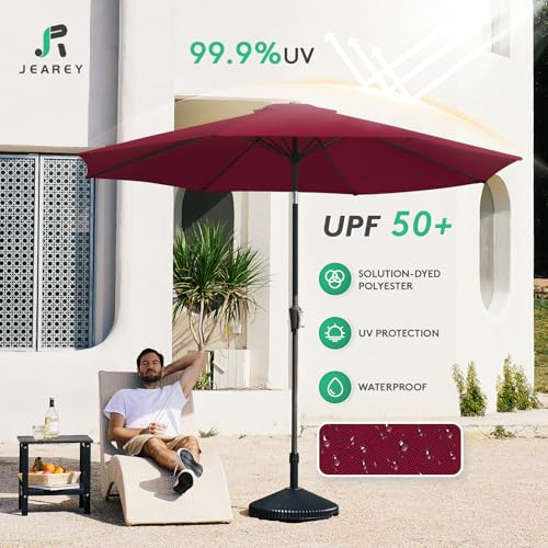 JEAREY 9FT Outdoor Patio Umbrella Outdoor Table Umbrella with Push Button Tilt and Crank, Market Umbrella 8 Sturdy Ribs UV Protection Waterproof for Garden, Deck, Backyard, Pool (Brick Red) - color: Dark Red