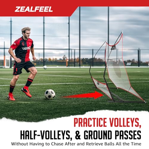 ZEALFEEL Soccer Rebounder, 2-in-1 Soccer Rebound Net, 6'x4.7' Large Net & 6'x16" Small Net, Soccer Bounce Back Net Practice for Team Volley Passing Solo Training, Football Trainer with Carry Bag Cones