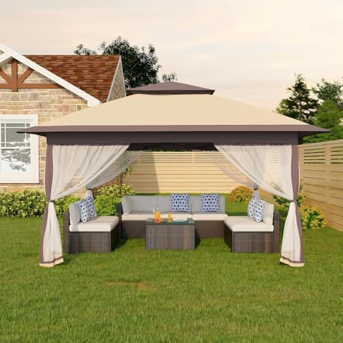 Garvee 12x12FT Pop Up Gazebo with Mosquito Netting, Outdoor Canopy Tent Easy Setup for Backyard Patio Garden Deck, Khaki & Coffee - color: Khaki, size: 12FT