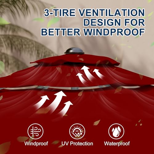 10FT 3-Tier Aluminum Outdoor Patio Umbrella, Fade-Resistant Market Umbrella with Push Button Tilt Function, 8 Sturdy All-Aluminum Ribs for Gardens, Patios, Backyards & Pools - color: Burgundy, size: 10FT-3Tier (Aluminum Umbrella)