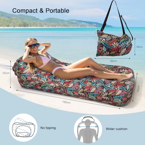 Inflatable Couch Air Lounger for Adults, Ultralight Portable Blow up Couch Air Sofa, Inflatable Beach Lounger Bed for Camping Hiking Festival Backyard Lawn, No Pump Required - color: Tropical Red