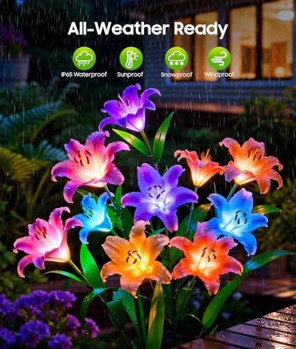 LETMY 8 Pack Solar Garden Lights, Solar Flower Lights with 6 Head Bigger Lily Lights, IP65 Waterproof Solar Lights Outdoor, Decorative Lights for Garden, Patio, Yard, Flower Bed - size: 8 PACK