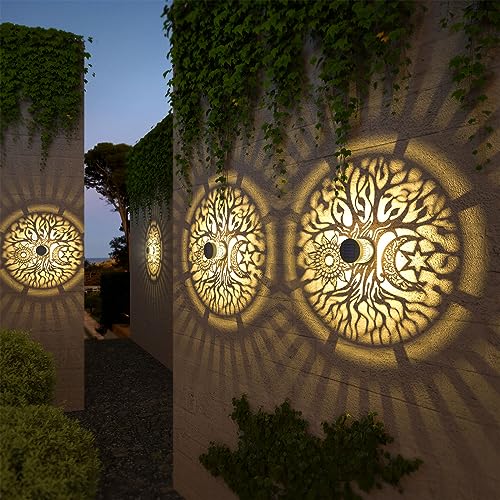gardencave 4 Pack Solar Fence Lights Metal Solar Powered Outdoor Wall Deck Step Lights Tree Theme Waterproof Fence Light for Garden Post Patio Backyard Yard Decor (Tree, 4 Pack) - color: Tree, size: 4 Pack