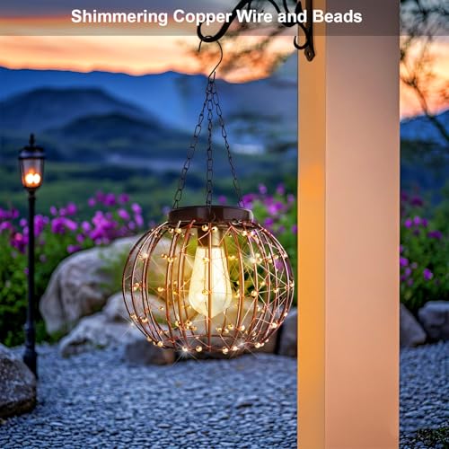 Hanging Solar Lanterns Outdoor Waterproof, Vintage Copper Hanging Lights, Solar Chandelier for Yard Garden Gazebo Pergola Porch Decor, 2 Pack