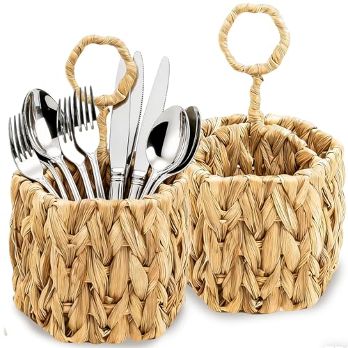 Hiceeden 2 Pack Woven Silverware Caddy with Handle, Natural Water Hyacinth Flatware Holder Organizer with 3 Compartments, Wicker Utensil Basket Cutlery for Kitchen Countertop, Picnic, Party, Hexagon