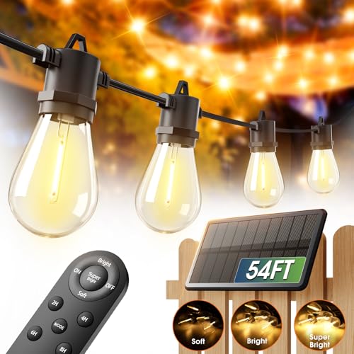 addlon 54FT(48+6) Solar String Lights Outdoor Waterproof with USB Charging & Remote Control - Dimmable Solar Power Patio Lights with LED Bulbs for Porch, Garden, Yard, Market, Bistro - Last for 20+Hrs - size: 48+6FT(16 Sockets)