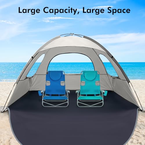 WhiteFang Beach Tent Anti-UV Portable Sun Shade Shelter for 3/4/6/8 Person, Extendable Floor with 3 Ventilating Mesh Windows Plus Carrying Bag, Stakes and Guy Lines - color: Baby's Breath, size: 4 Person