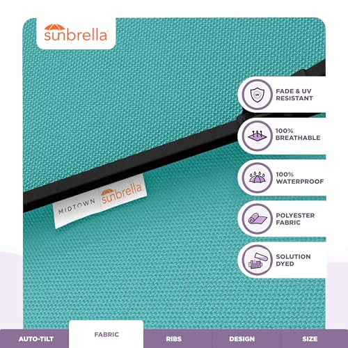 Midtown Umbrellas - The Lean 9 Ft Patio Umbrella with Fade-Resistant Sunbrella Fabric, Auto-Tilt Aluminum Frame and 8 Reinforced Ribs for Deck, Pool & Garden - Aruba Canopy, Black Pole - color: Sunbrella Aruba, size: 9 Feet