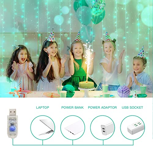 suddus Curtain Lights for Christmas, 200 Led 6.5ft x 6.5ft Hanging String Lights Outdoor, Fairy Curtain Lights for Backdrop, Window, Wall, Party, Garden, Bedroom, Birthday Decorations, Teal - color: Teal, size: USB-200 LED