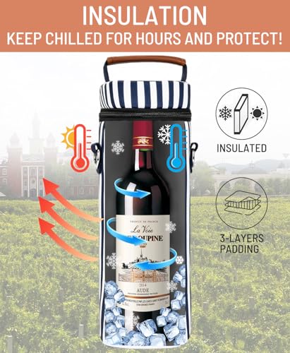 Insulated Wine Bag - Wine Bottle Carrier Tote Cooler Bags for Gifts Travel Picnic Beach, Blue and White Stripes - 1 Bottle - color: Blue and White Stripes, size: 1 Bottle