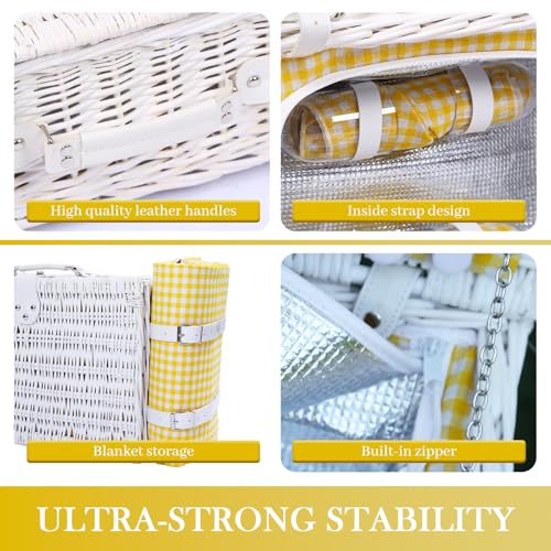 Neti Neti Wicker Picnic Basket for 4 with Insulated Cooler & Waterproof Blanket – Large Willow Picnic Hamper for Outdoor, Camping, Beach, Romantic Dates, Valentine’s Day - color: Yellow Plaid