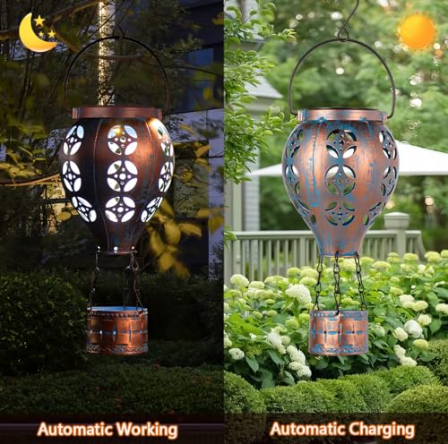 Hot Air Balloon Solar Lantern for Garden Decor,2 Pack Matal Hanging Lantern,Outdoor Metal LED Solar Lights for Yard Patriotic Trees Decor - style: Copper Blue -2 Pack