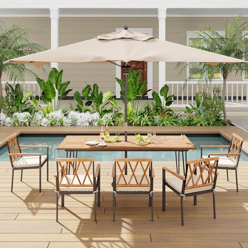 Tangkula 86.5" Large Patio Dining Table for 8, Acacia Wood 8-Person Dining Table with 2" Umbrella Hole & Metal Legs & Adjustable Foot Pads, Rectangular Outside Table for Garden, Poolside & Backyard - size: 86.5"