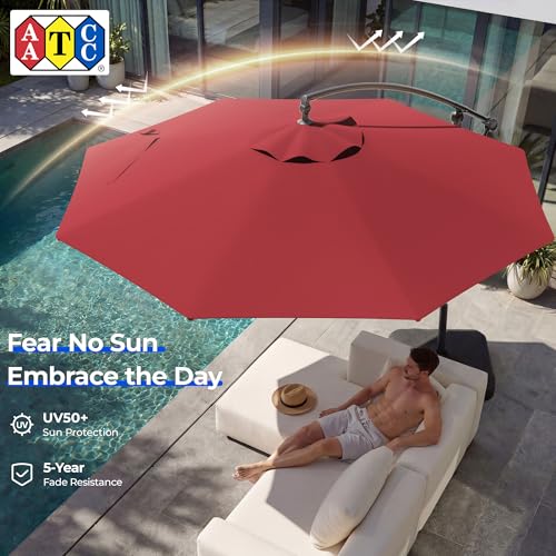 HOMSHADE 10ft Patio Umbrella with Base Included, Cantilever Umbrella UPF50+ UV Protection with Easy Tilt and Crank for Pool Deck and Garden(Red) - color: Red