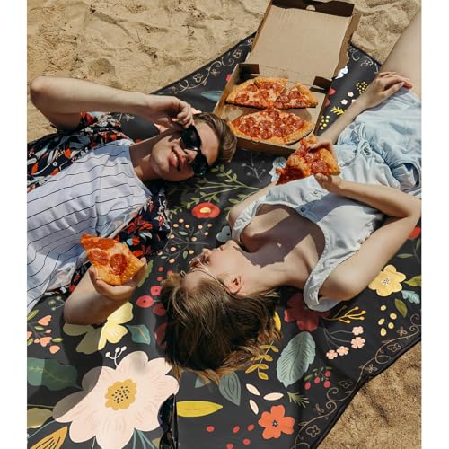 Picnic Blankets Waterproof Large, 80"x 60" Outdoor Beach Blanket Sandproof Foldable Lightweight Portable 3-Layer Camping Mat for Parks,Hiking,Travel,Music Festival,Concerts(Boho Flower) - color: Black Boho Flower, size: 5' x 6'8" (Rectangular)