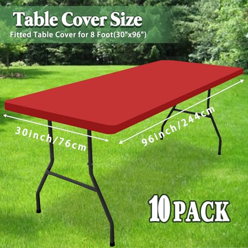 10 Pack Picnic Fitted Table Cover for 8 Foot Tablecloth for Rectangle Tables Waterproof Stretch Washable Folding Indoor and Outdoor Spandex Table Cloth for Camping Banquet and Parties (Red,30" x 96") - color: Red, size: 30"x96" (Pack of 10)