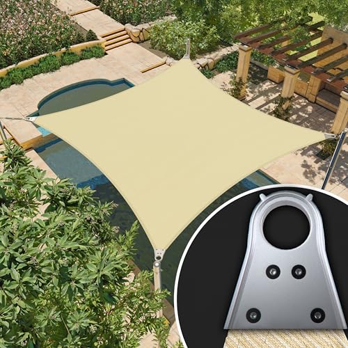Amgo 24' x 24' Beige Rectangle Super Ring Sun Shade Sail UPF50+ AGSRR Canopy Awning Shades for Patio, Commercial Standard, 260 GSM Heavy Duty, 98% UV Blockage, 5 Years Warranty (We Customize)