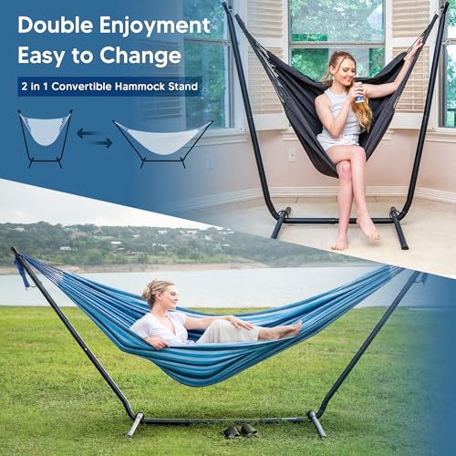SUNCREAT 2-in-1 Convertible Backyard Fabric Hammock with Stand, Large Hammocks for Outside, Blue Stripes - color: A-blue Stripes