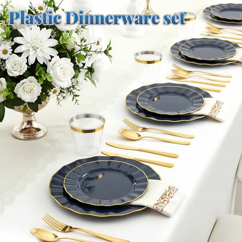 175 Plastic Dinnerware Set, Disposable Dinnerware Set for 25 Guests Include 50 Plastic Plates,25 Silverware Set,25 Cups and 25 Napkins for Graduation Party Wedding(Navy Blue and Gold) - color: Navy Blue