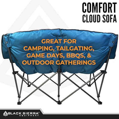 Black Sierra Double Loveseat Comfort Camping Couch, Oversized Folding Chair for Adults, 600‑lb Capacity, Plush Padded Heavy Duty Outdoor Seat with Cup Holders & Carry Bag for Beach, RV | Double loveseat, 600 lb capacity, Padded comfort, Outdoor ready, Cup