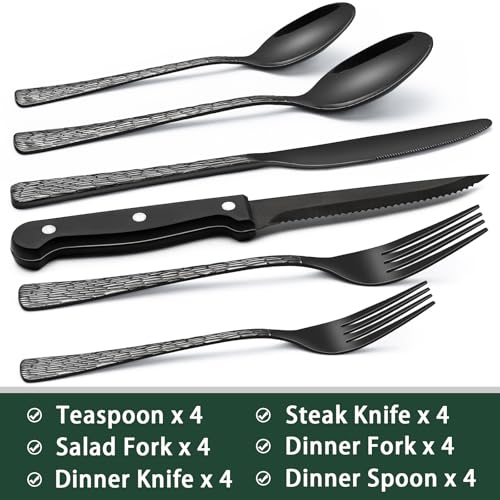 EWFEN 24-Piece Black Silverware Set with Steak Knives, Black Flatware Set for 4, Food-Grade Stainless Steel Tableware Cutlery Set, Mirror Finished Utensil Sets for Home Restaurant, Tree Pattern - style: Tree Pattern