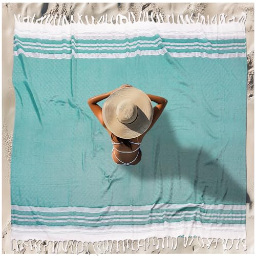 Oversized Turkish Beach Towel Blanket XXL Cotton Sandproof Towels Boho Woven Extra Large Big Sand Free Giant Throw Blankets Huge Quilt XL Picnic Camping Necessities Cloud For Adult Gifts Teal - color: Z Teal Mtb, size: XXXL(88x82 IN,224x208 CM)