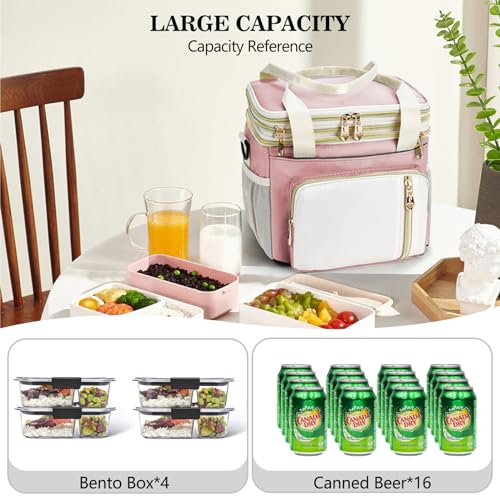 Lunch Box & Lunch Bag for Women, Large Insulated Adult Lunch Box Leakproof Lunchbox Cooler Bag for Work Picnic Beach,16L, Light Pink & White - color: Light Pink