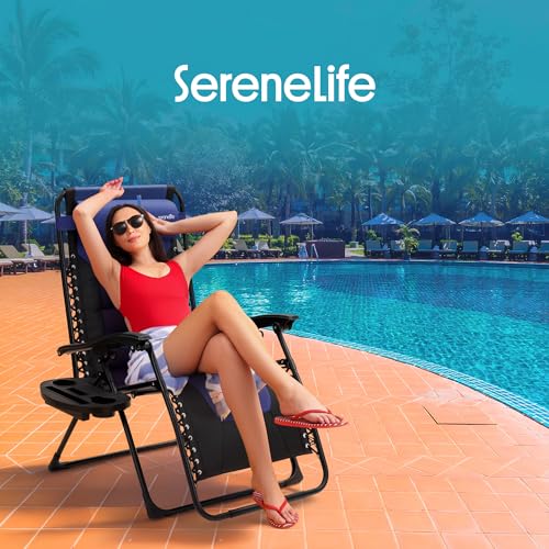 SereneLife Oversized Padded Zero Gravity Lounge Chair, Foldable Outdoor Patio Recliner, Anti Gravity Lawn Recliner with Cup Holder and Side Table for Backyard, Camping, Beach or Outdoor Relaxation - color: Blue