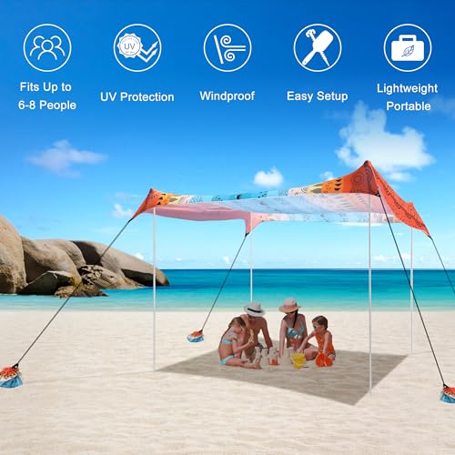 Beach Tent, Beach Canopy Sun Shade UPF 50+, Portable 10×10 FT Camping Sun Shelter with Sandbags, Poles, Ground Pegs and Anti-Wind Ropes for Outdoor, Backyard, Picnics, Sport, Fishing - color: Red Sea Waves