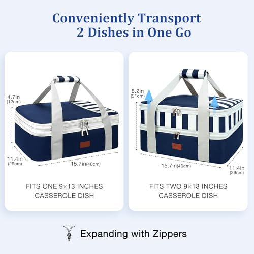 Expandable Casserole Carrier Bag - Double Decker Food Bag, Insulated Casserole Carrier for Hot or Cold Food, Lasagna Holder Tote for Picnics,Beaches,Traveling or Gifts - color: Blue Expandable