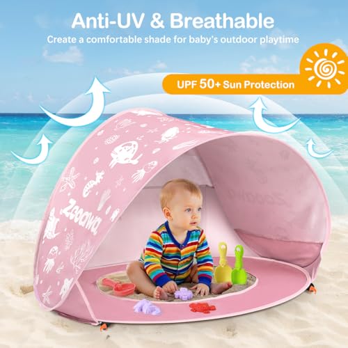 Baby Beach Tent, Pop Up Beach Tent Sun Shade for Beach, Portable Shade Pool UV Protection Sun Shelter for Infant with Beach Sand Toys Set - color: Light Pink
