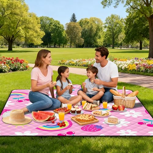 Extra Large Picnic Blanket Waterproof,80"x 80"Foldable Machine Washable Beach Blankets,Outdoor Blanket for 6-8 Adults, Picnic Mat Suitable for Indoor Crawling,Park Beach,Camping,Hiking, Travel(Pink) - color: Pink Cute, size: 6'8" x 6'8" (Square)