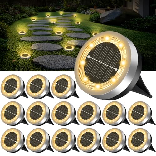 SenLuKit Mini Solar Ground Lights 16 Pack Outdoor IP65 Waterproof Solar Flat Garden Light Anti-Rust Solor Powered Disc Pathway Lights for Outside Walkway Yard Landscape Patio Lawn Driveway-Warm White - color: Warm White, size: 16 Pack