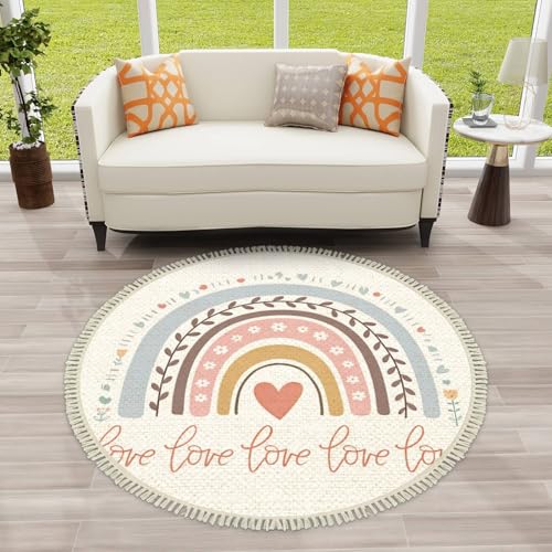 Round Boho Rug with Cute Childish Illustrations - Abstract Full Color Striped Arc in Area Rug - Linen Rug Carpet Patio Hallway Runner Mat Pad - Minimalist Home Decor for Living Room Outdoor - color: Multi1, size: 4' (Round)