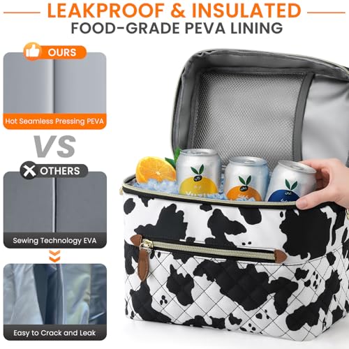 Tenot Insulated Lunch Box for Women Reusable, Leak Proof Cooler Lunch Bag Women for Work Stylish Quilted Lunch Tote Bag for Adult Picnic Travel Hiking Cow Print - color: Cow Print