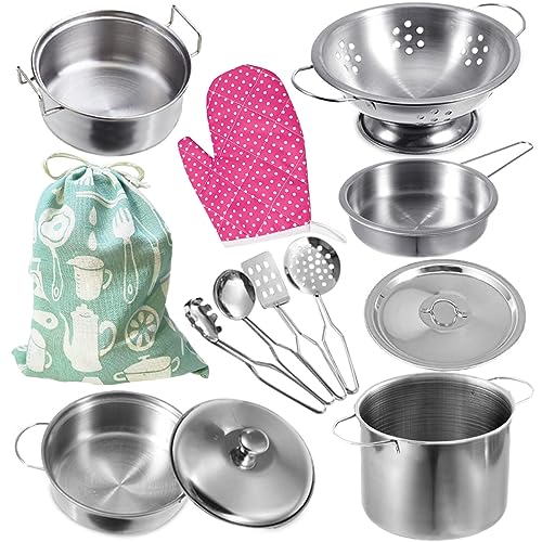 Cookware Pots and Pans Play Set with Cooking Mini Stainless-Steel Kitchen Cooking Utensils Toys,Pretend Toys for Kids, Educational＆Development Toy Kitchen Playset Accessories for Kids