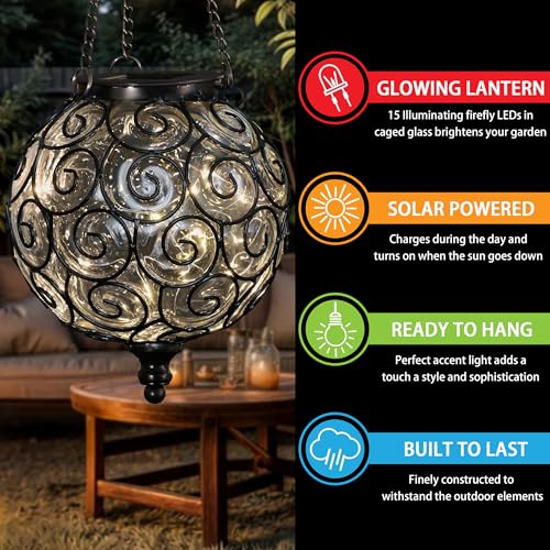 Solar Hanging Lantern Outdoor Garden Lights, Round Glass and Metal Hanging Lantern, 15 Firefly LED Lights, 7 x 20 Inch (Clear) - color: Clear