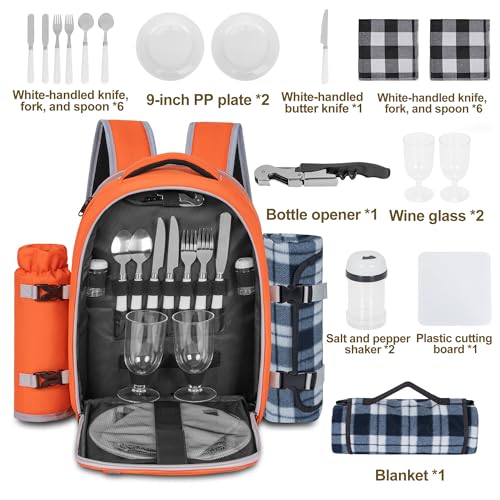 Picnic Backpack for 2 Persons with Insulated Leakproof Cooler Compartment, Cutlery Sets, Wine Holder, Fleece Blanket, Wedding Gifts for Couples, Perfect for Beach, Camping, Hiking, Orange - color: Orange, size: For 2 Persons