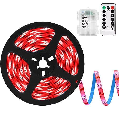 echosari LED Strip Lights Battery Powered, 90 LED Red 2835 SMD Strip Lights 9.8 Ft Cuttable Self-Adhesive Strip Lights with Remote Timer for Outdoor Indoor Party Bedroom Decoration - color: Red, size: 9.8Ft